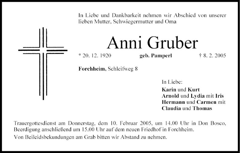  Traueranzeige für Anni Gruber vom 09.02.2005 aus MGO