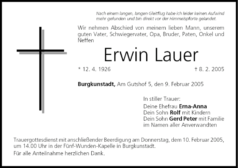  Traueranzeige für Erwin Lauer vom 09.02.2005 aus MGO