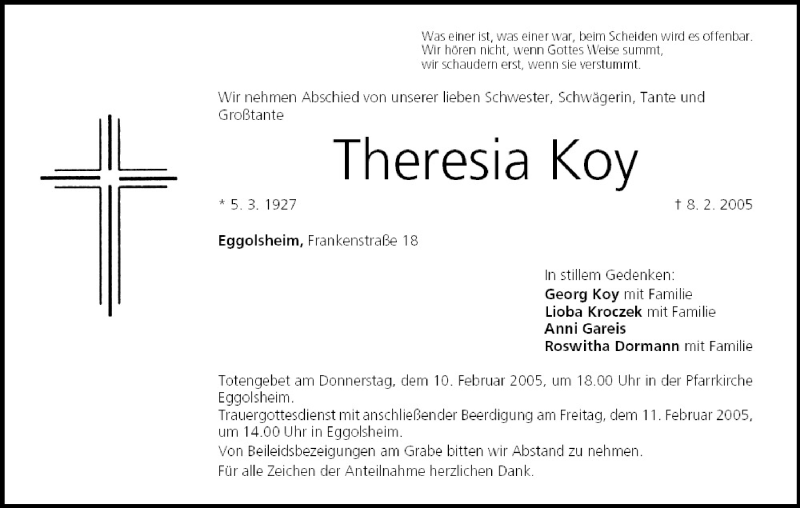  Traueranzeige für Theresia Koy vom 09.02.2005 aus MGO