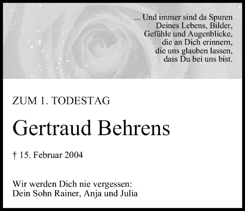  Traueranzeige für Gertraud Behrens vom 15.02.2005 aus MGO
