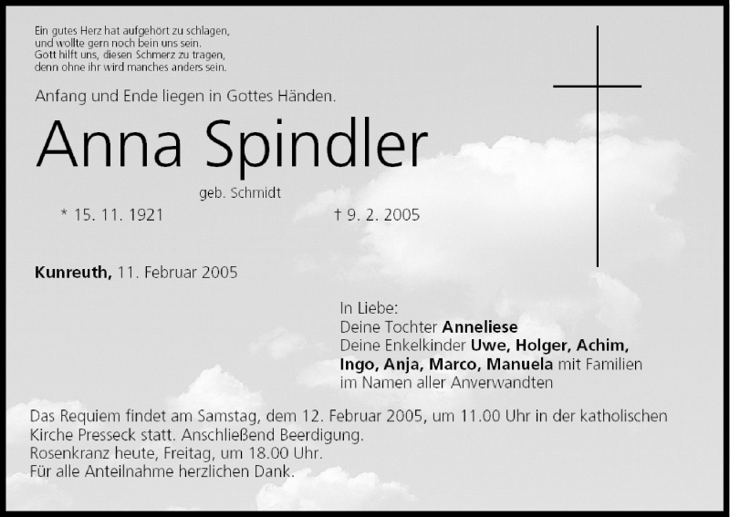  Traueranzeige für Anna Spindler vom 11.02.2005 aus MGO