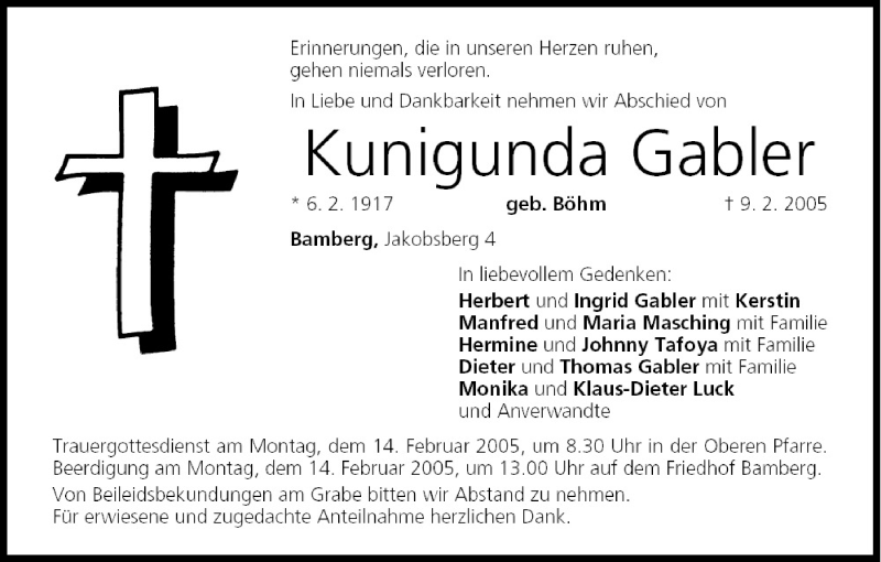  Traueranzeige für Kunigunda Gabler vom 12.02.2005 aus MGO