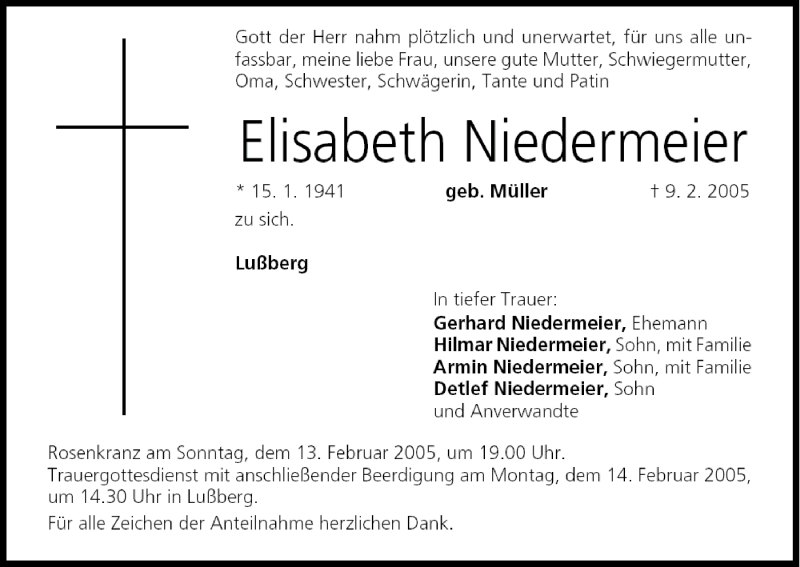  Traueranzeige für Elisabeth Niedermeier vom 12.02.2005 aus MGO
