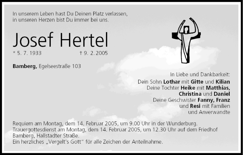  Traueranzeige für Josef Hertel vom 12.02.2005 aus MGO