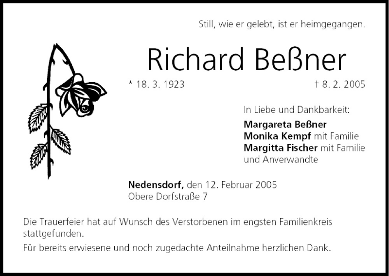  Traueranzeige für Richard Beßner vom 12.02.2005 aus MGO