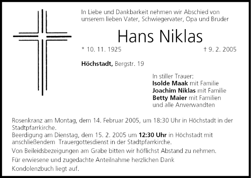  Traueranzeige für Hans Niklas vom 12.02.2005 aus MGO