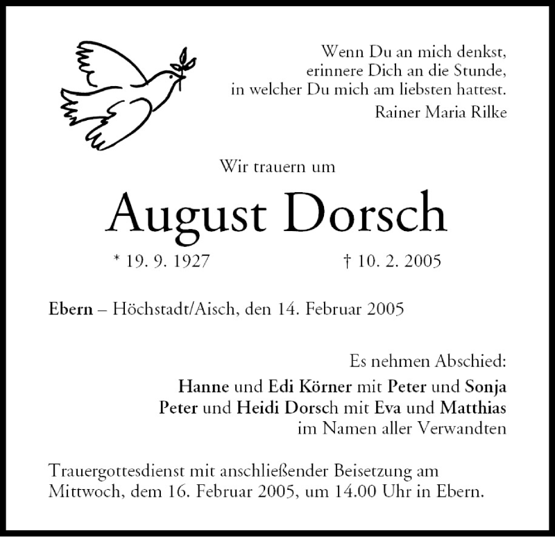  Traueranzeige für August Dorsch vom 14.02.2005 aus MGO