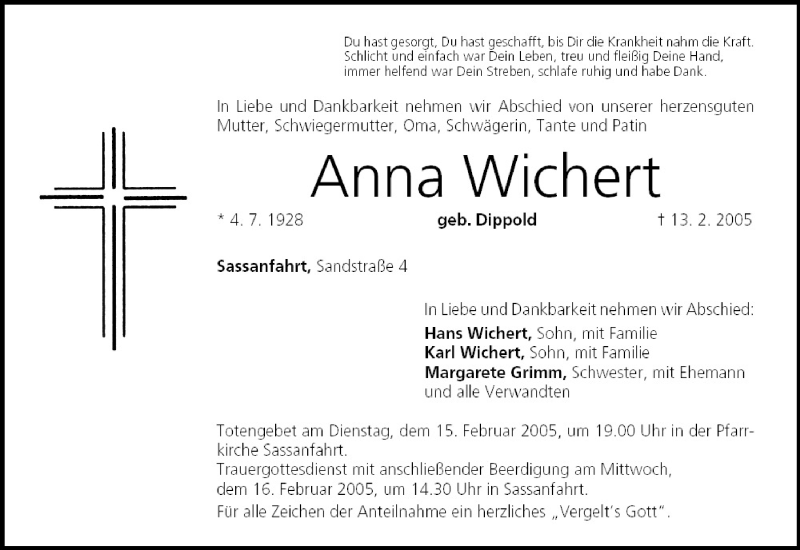  Traueranzeige für Anna Wichert vom 14.02.2005 aus MGO