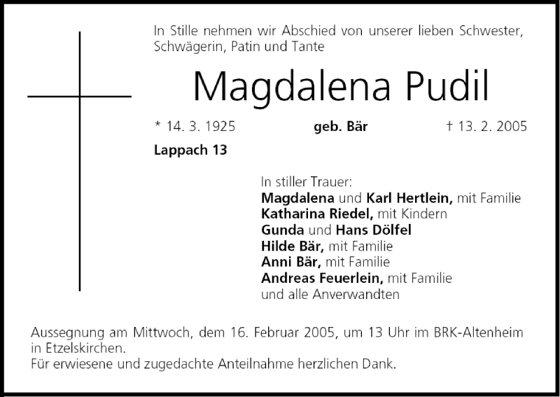  Traueranzeige für Magdalena Pudil vom 15.02.2005 aus MGO