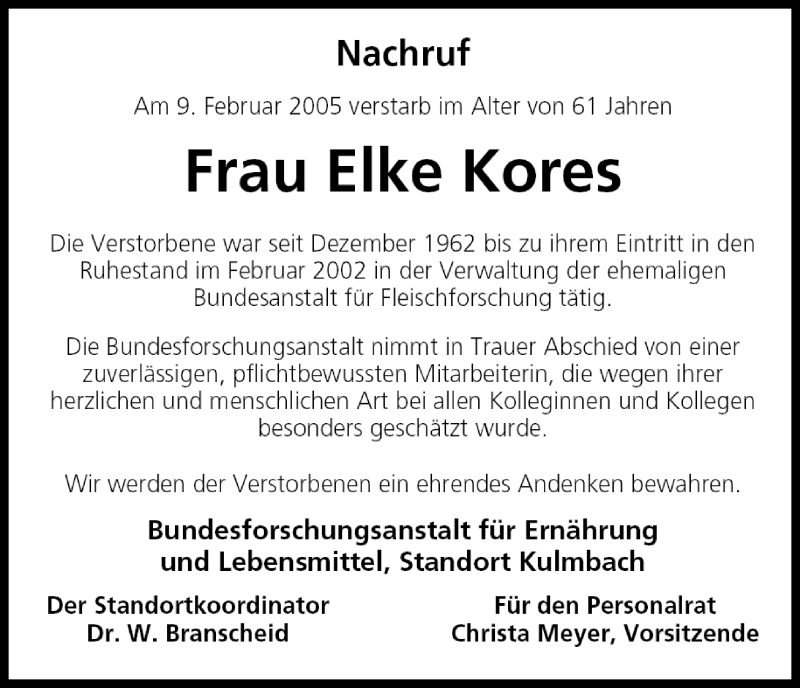  Traueranzeige für Elke Kores vom 15.02.2005 aus MGO