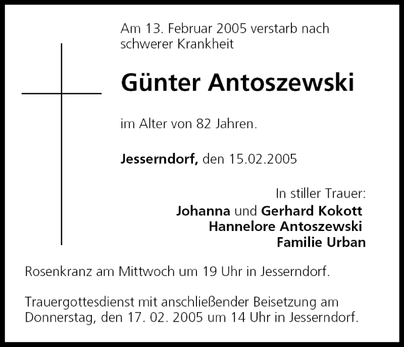  Traueranzeige für Günter Antoszewski vom 15.02.2005 aus MGO