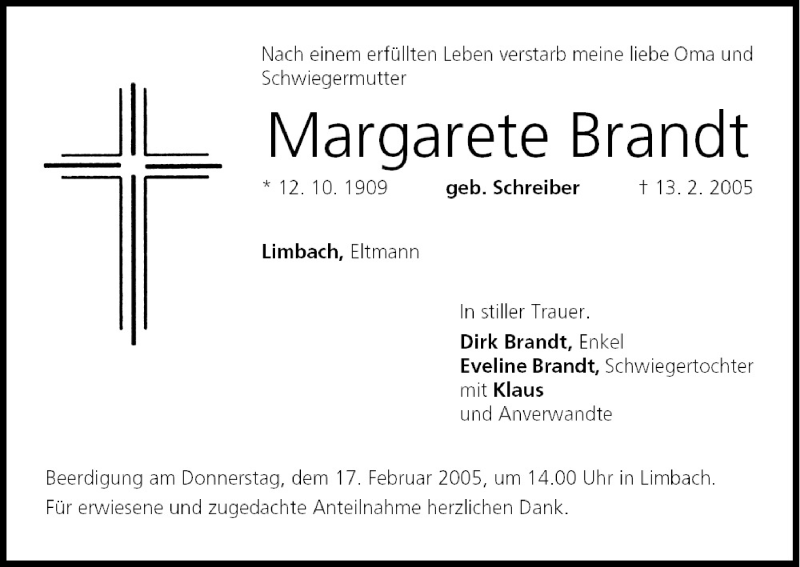  Traueranzeige für Margarete Brandt vom 15.02.2005 aus MGO