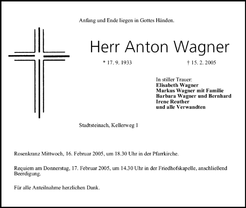  Traueranzeige für Anton Wagner vom 16.02.2005 aus MGO