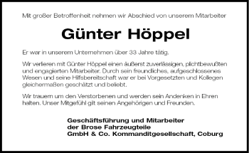 Anzeige von Günter Höppel von MGO