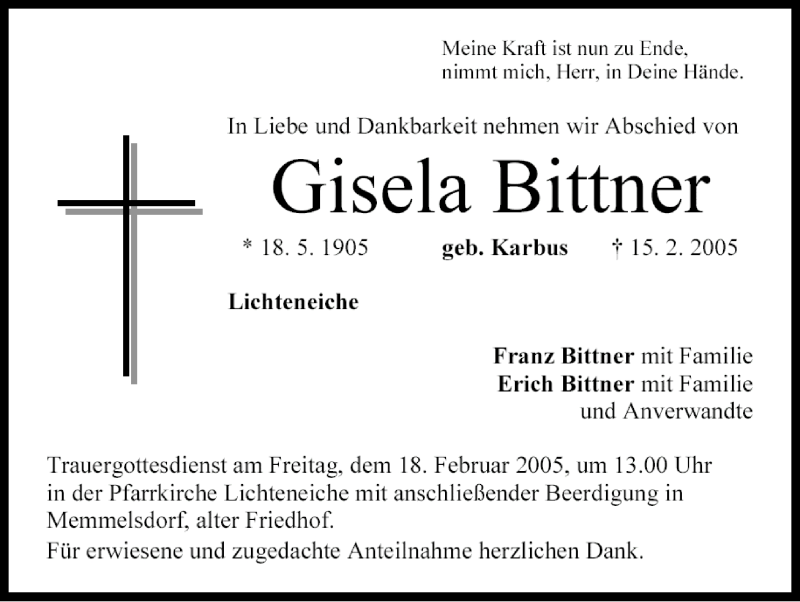  Traueranzeige für Gisela Bittner vom 17.02.2005 aus MGO
