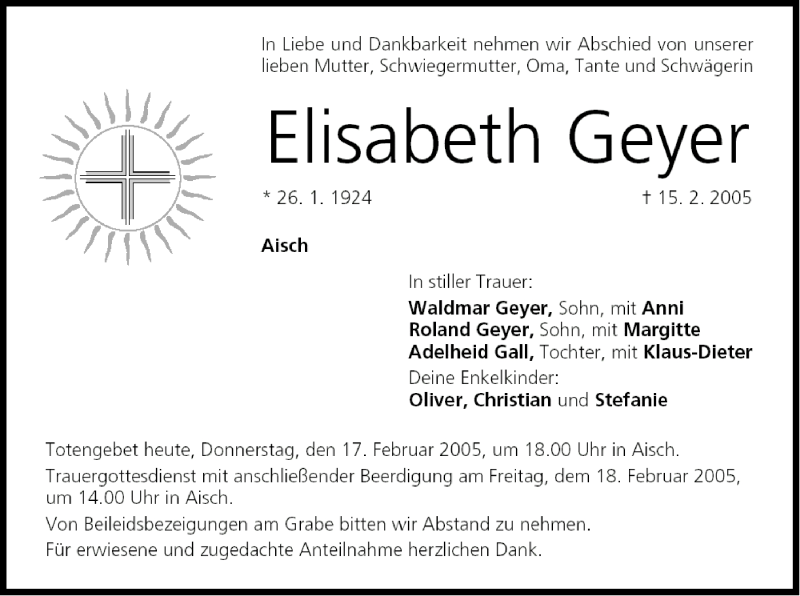  Traueranzeige für Elisabeth Geyer vom 17.02.2005 aus MGO