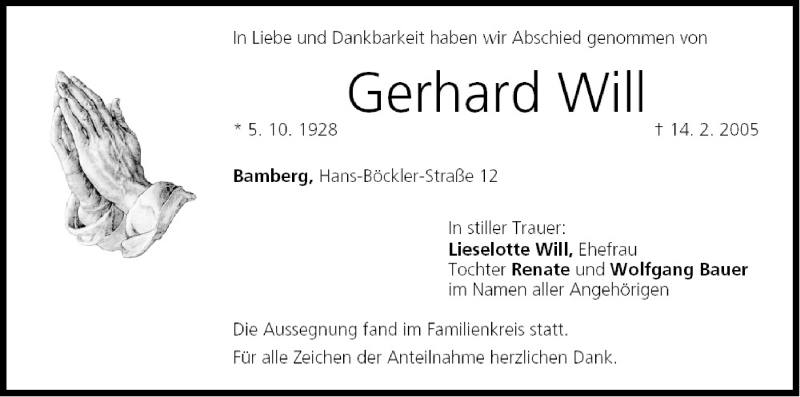  Traueranzeige für Gerhard Will vom 19.02.2005 aus MGO