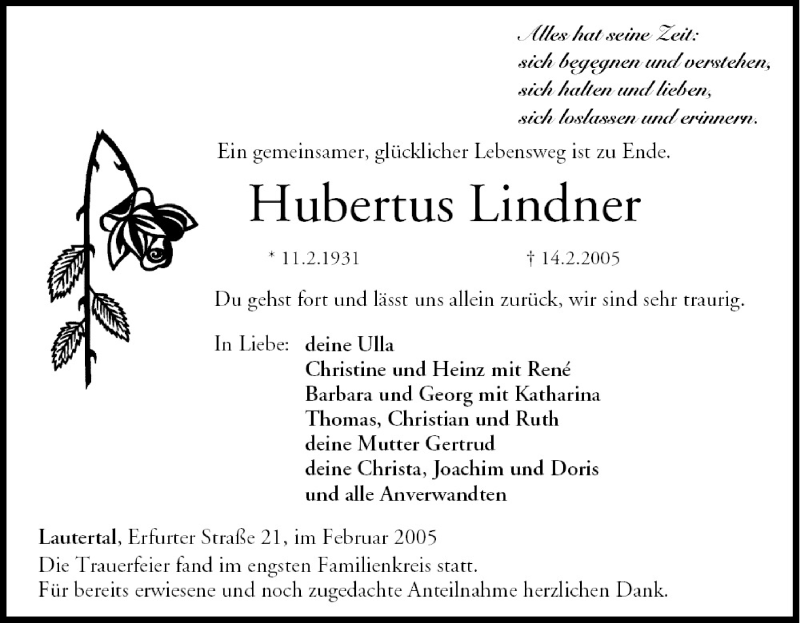  Traueranzeige für Hubertus Lindner vom 19.02.2005 aus MGO