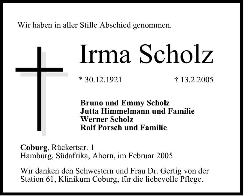  Traueranzeige für Irma Scholz vom 17.02.2005 aus MGO