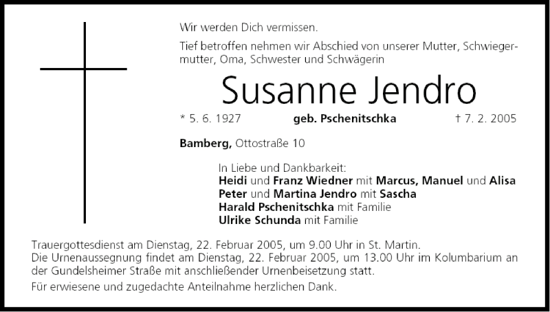  Traueranzeige für Susanne Jendro vom 19.02.2005 aus MGO
