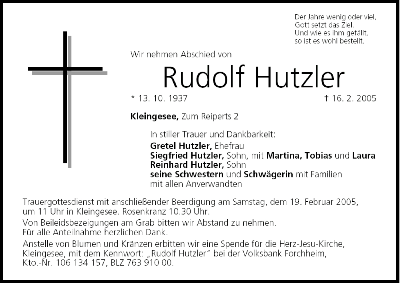 Traueranzeige für Rudolf Hutzler vom 18.02.2005 aus MGO
