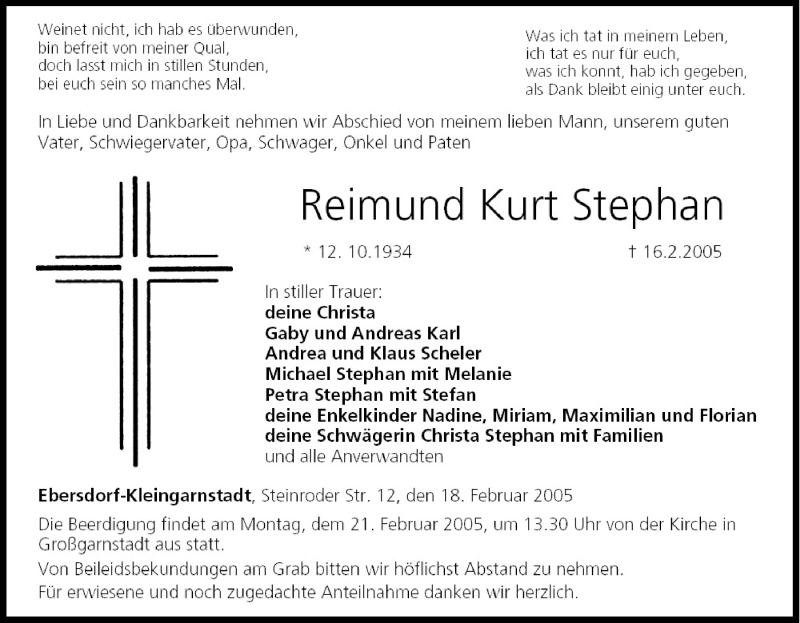  Traueranzeige für Reimund Kurt Stephan vom 18.02.2005 aus MGO