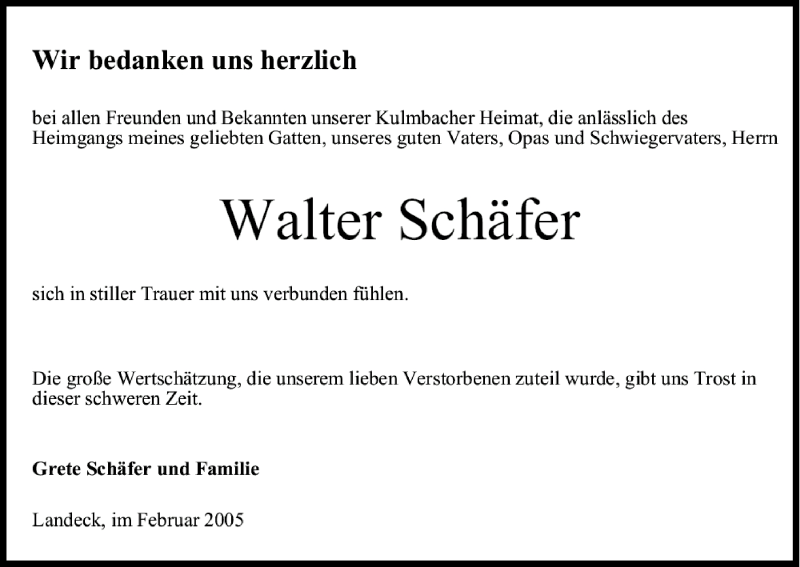  Traueranzeige für Walter Schäfer vom 19.02.2005 aus MGO