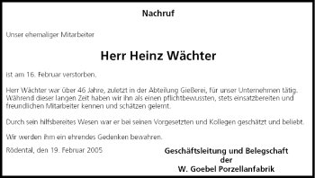 Anzeige von Heinz Wächter von MGO