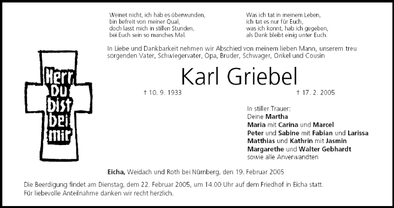  Traueranzeige für Karl Griebel vom 19.02.2005 aus MGO