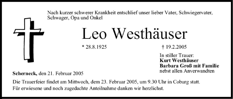  Traueranzeige für Leo Westhäuser vom 21.02.2005 aus MGO