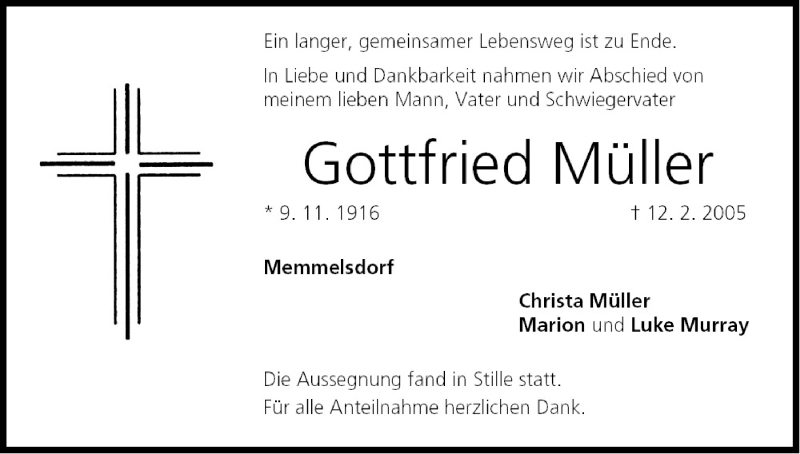  Traueranzeige für Gottfried Müller vom 19.02.2005 aus MGO