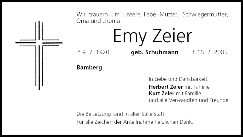  Traueranzeige für Emy Zeier vom 19.02.2005 aus MGO