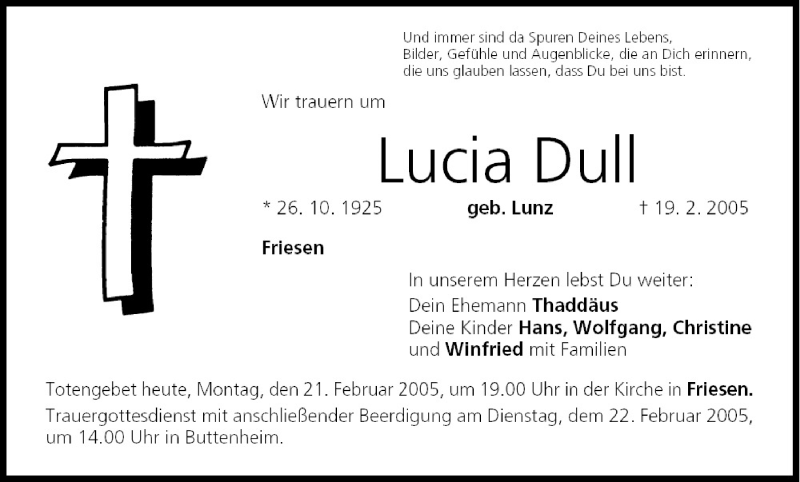  Traueranzeige für Lucia Dull vom 21.02.2005 aus MGO