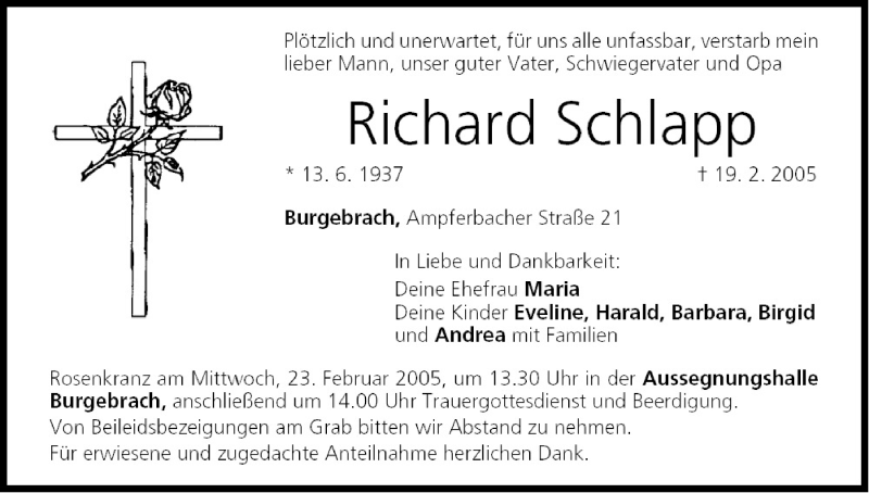  Traueranzeige für Richard Schlapp vom 21.02.2005 aus MGO
