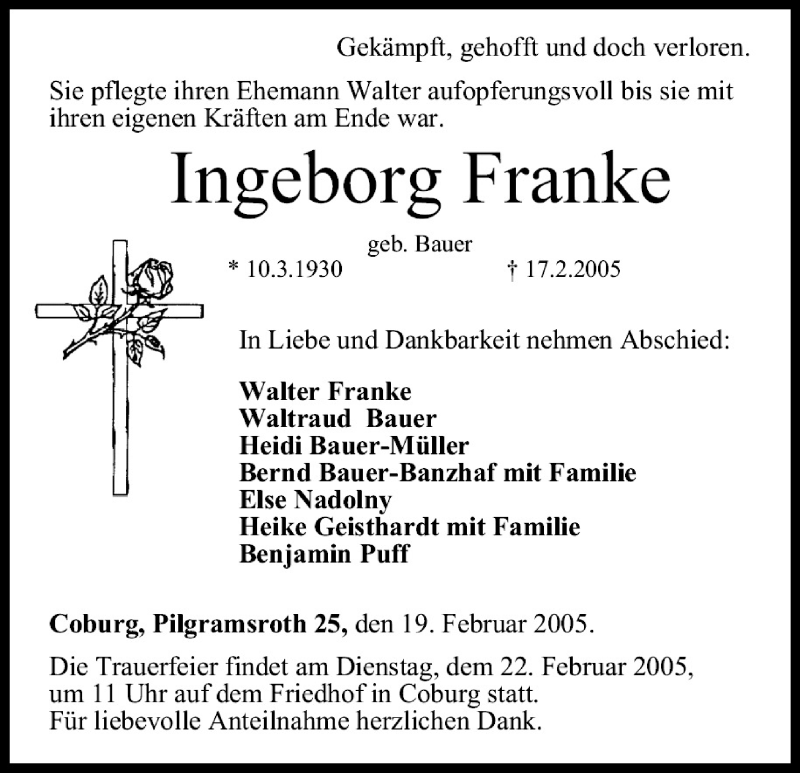  Traueranzeige für Ingeborg Franke vom 19.02.2005 aus MGO