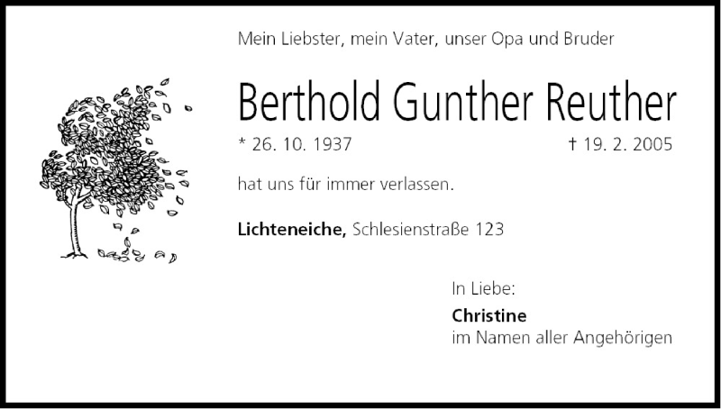  Traueranzeige für Berthold Gunther vom 22.02.2005 aus MGO