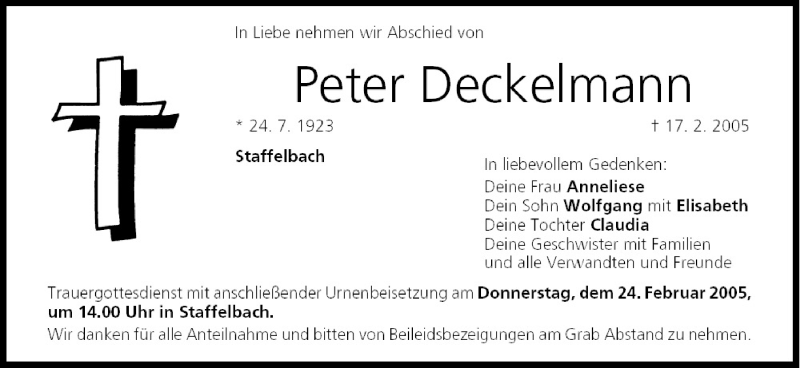  Traueranzeige für Peter Deckelmann vom 22.02.2005 aus MGO