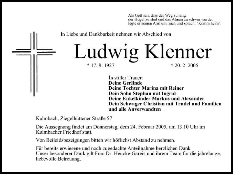  Traueranzeige für Ludwig Klenner vom 22.02.2005 aus MGO