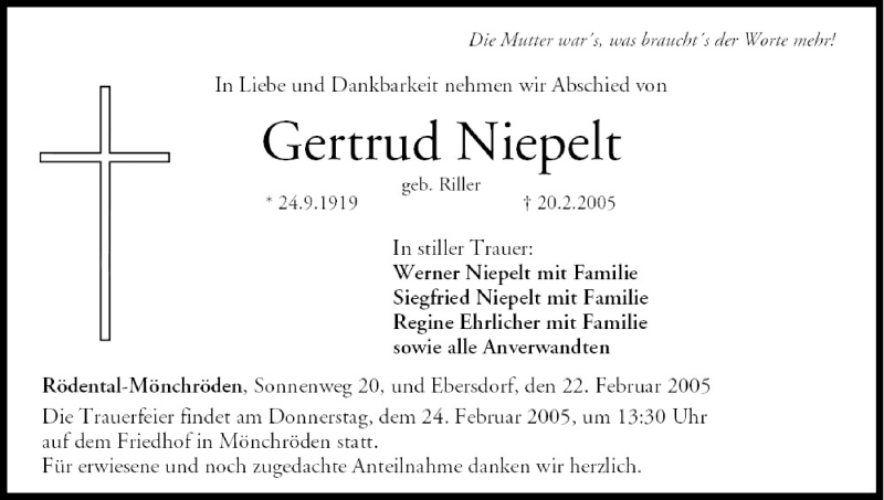  Traueranzeige für Gertrud Niepelt vom 22.02.2005 aus MGO