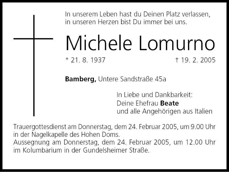  Traueranzeige für Michele Lomurno vom 23.02.2005 aus MGO