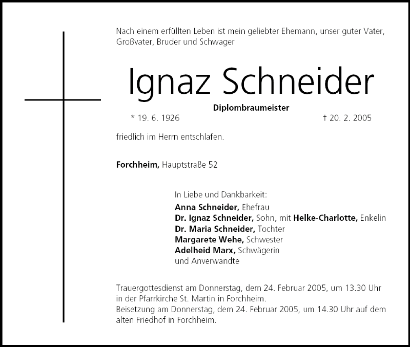  Traueranzeige für lgnaz Schneider vom 22.02.2005 aus MGO