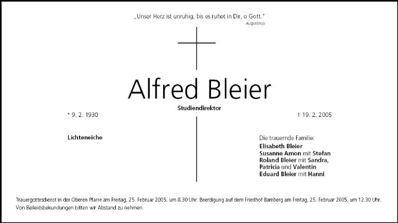  Traueranzeige für Alfred Bleier vom 23.02.2005 aus MGO