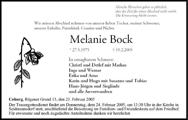  Traueranzeige für Melanie Bock vom 23.02.2005 aus MGO