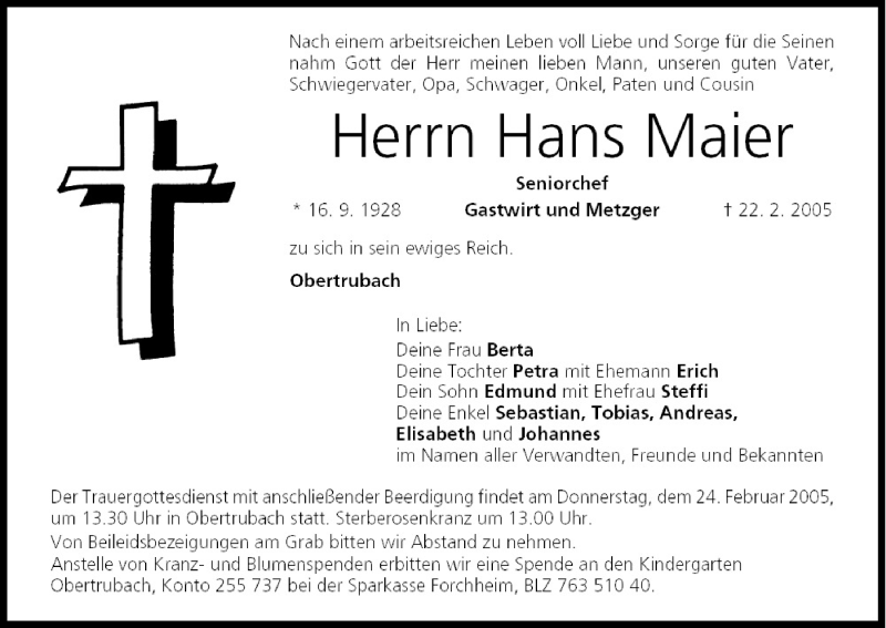  Traueranzeige für Hans Maier vom 23.02.2005 aus MGO
