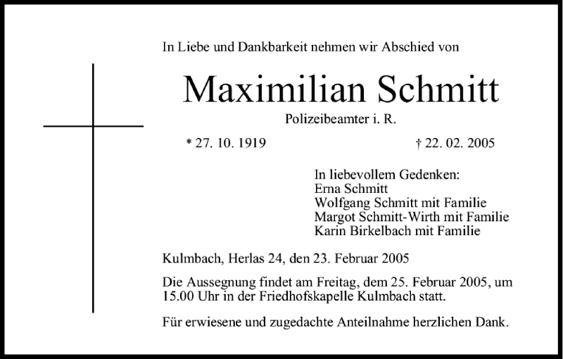  Traueranzeige für Maximilian Schmitt vom 23.02.2005 aus MGO