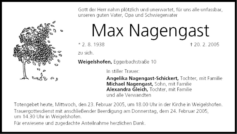  Traueranzeige für Max Nagengast vom 23.02.2005 aus MGO