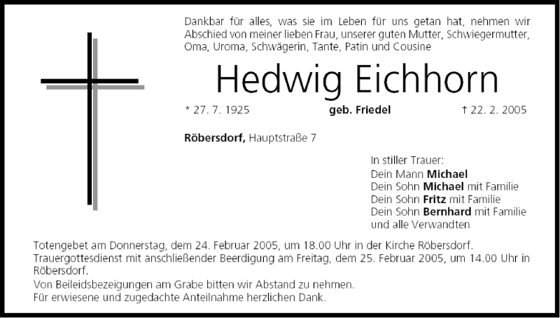  Traueranzeige für Hedwig Eichhorn vom 23.02.2005 aus MGO