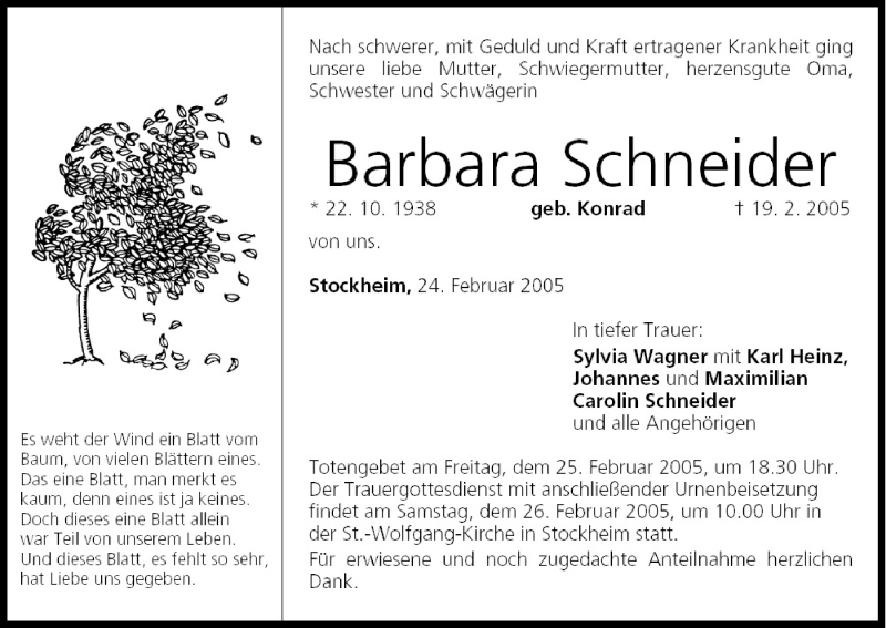  Traueranzeige für Barbara Schneider vom 24.02.2005 aus MGO