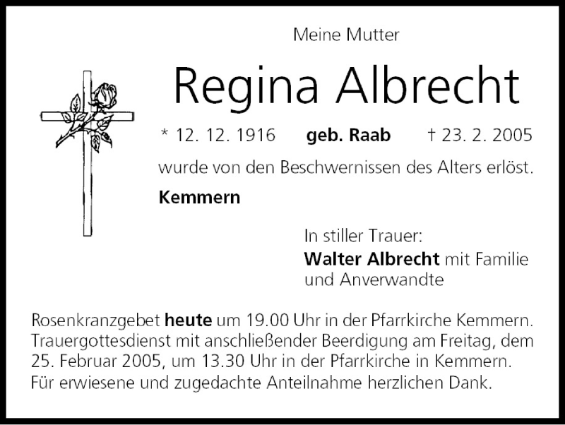  Traueranzeige für Regina Albrecht vom 24.02.2005 aus MGO