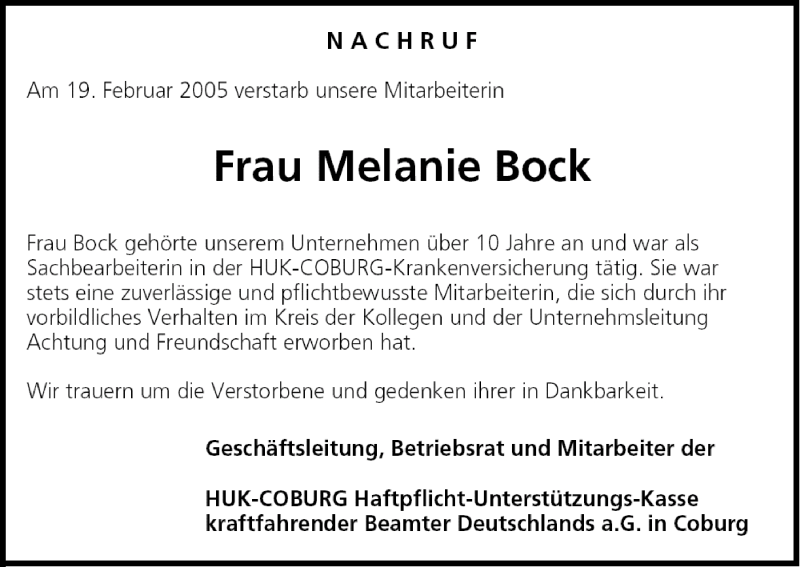  Traueranzeige für Melanie Bock vom 25.02.2005 aus MGO